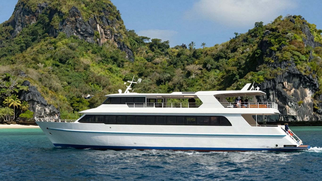 Komodo charter boat sailing turquoise waters near islands.