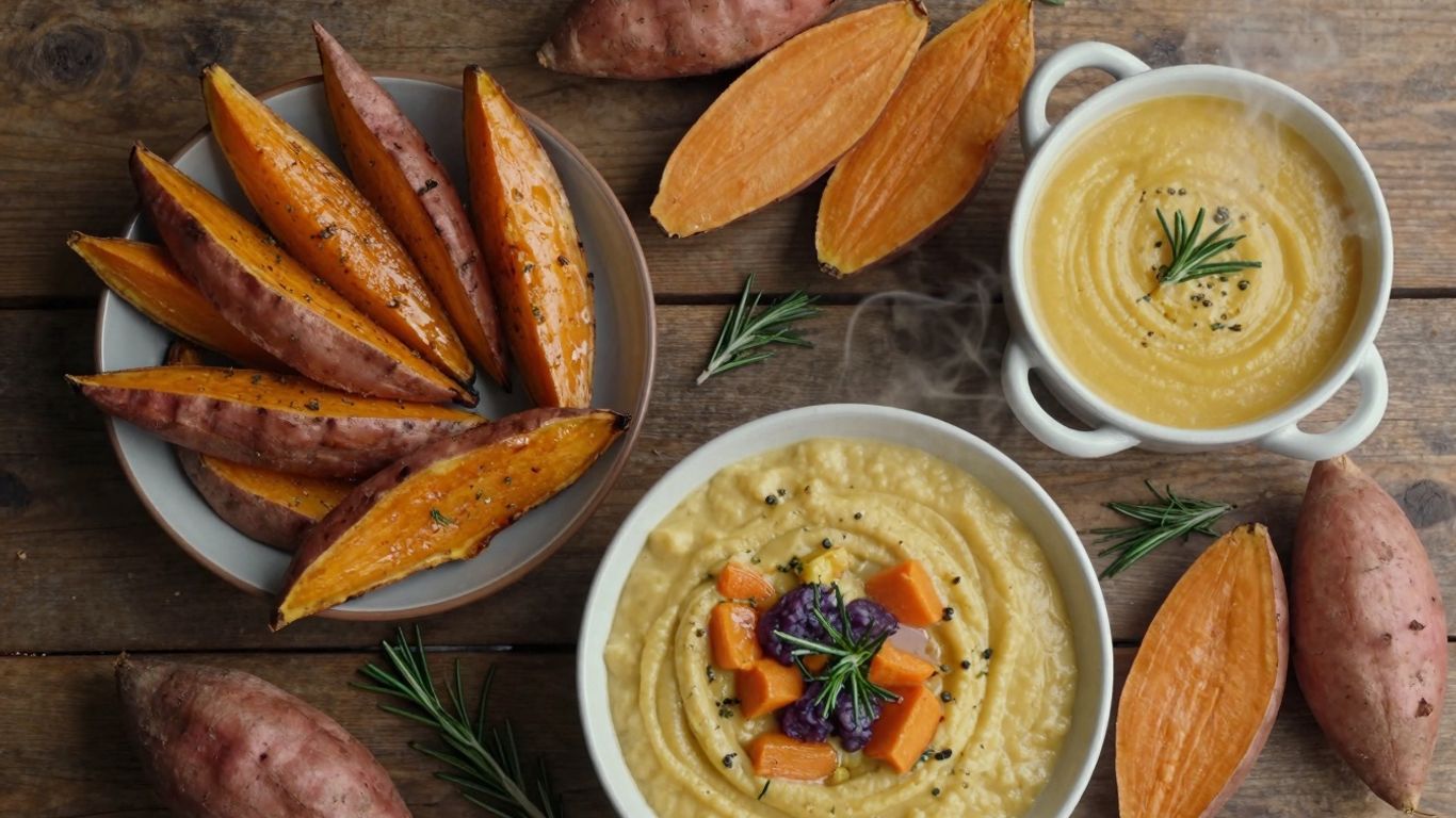 Zoete aardappel gerechten op een tafel