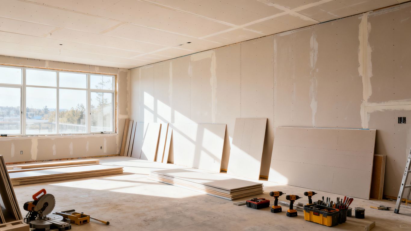 Installing drywall in a large, bright room.