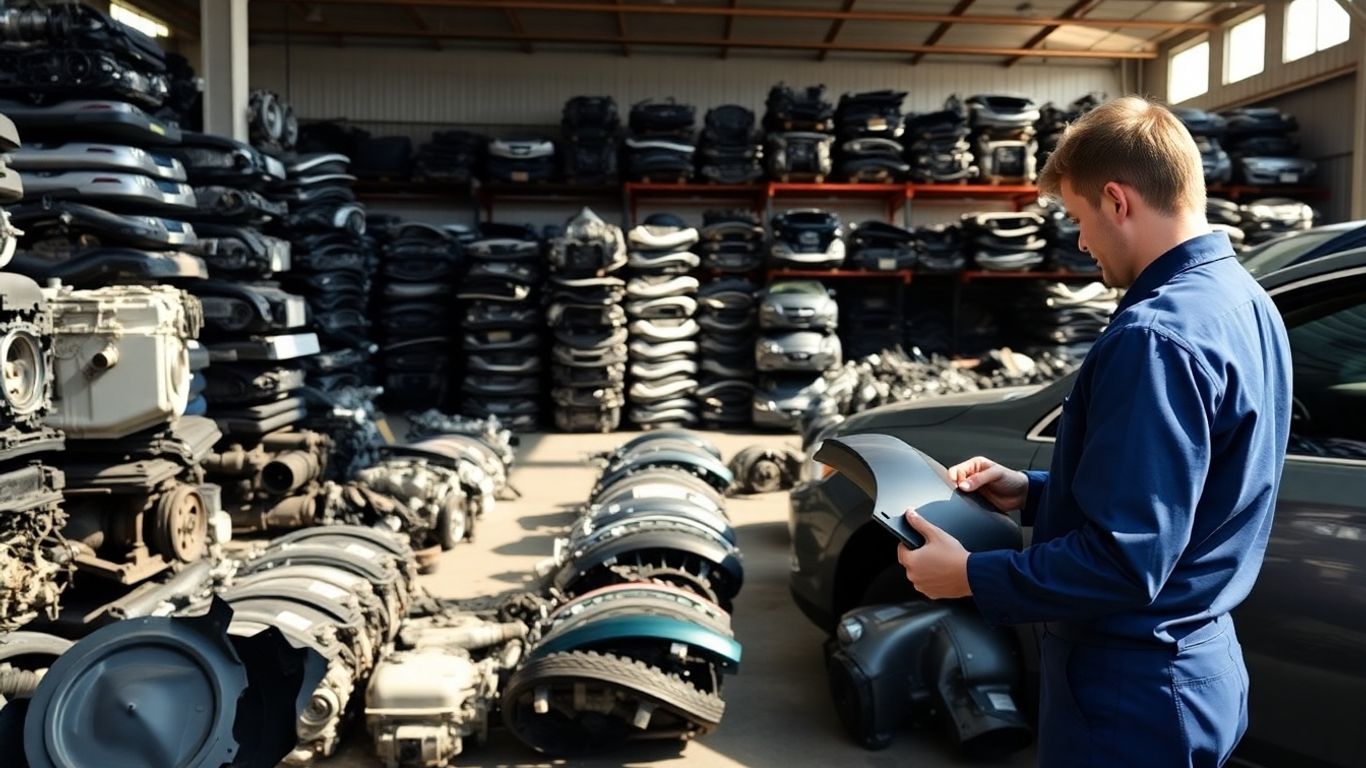 Subaru car parts in a clean salvage yard.