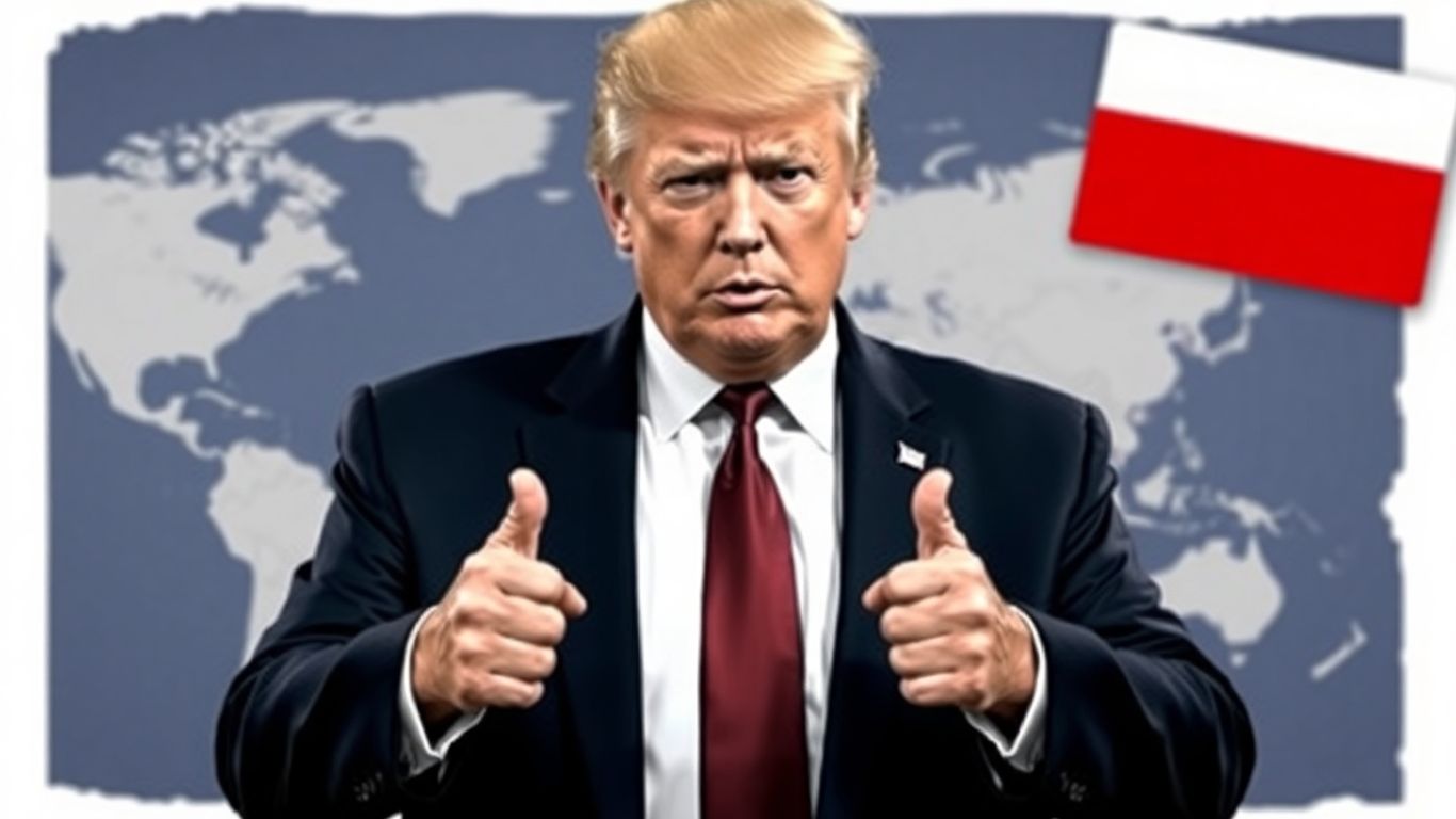 Trump points, global trade routes, Russian flag hint.