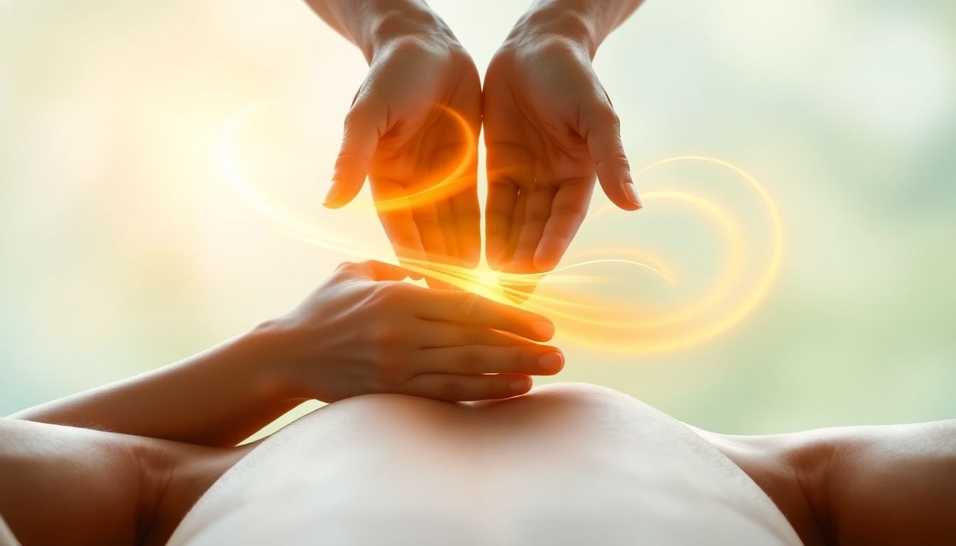 Hands emitting gentle light over a relaxed body.