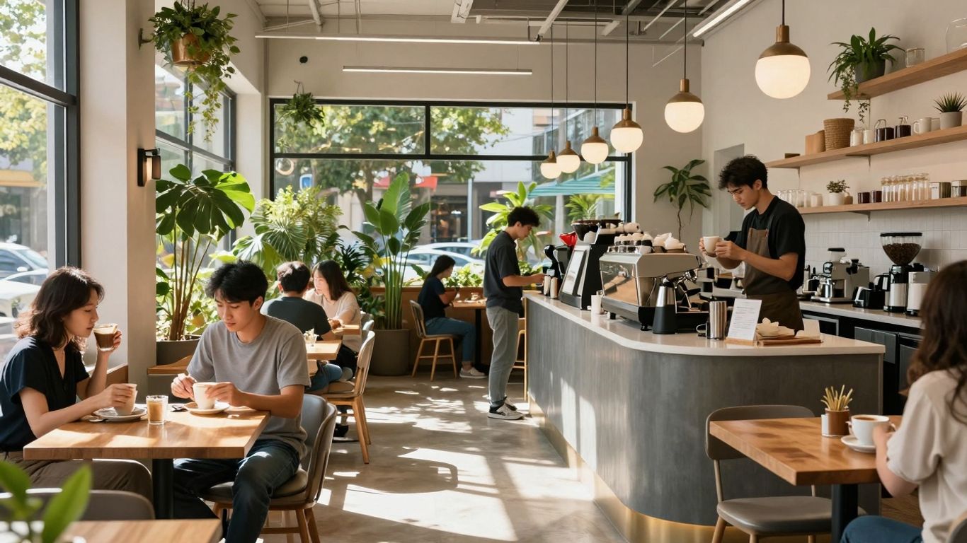Busy cafe interior with customers enjoying food and drinks.