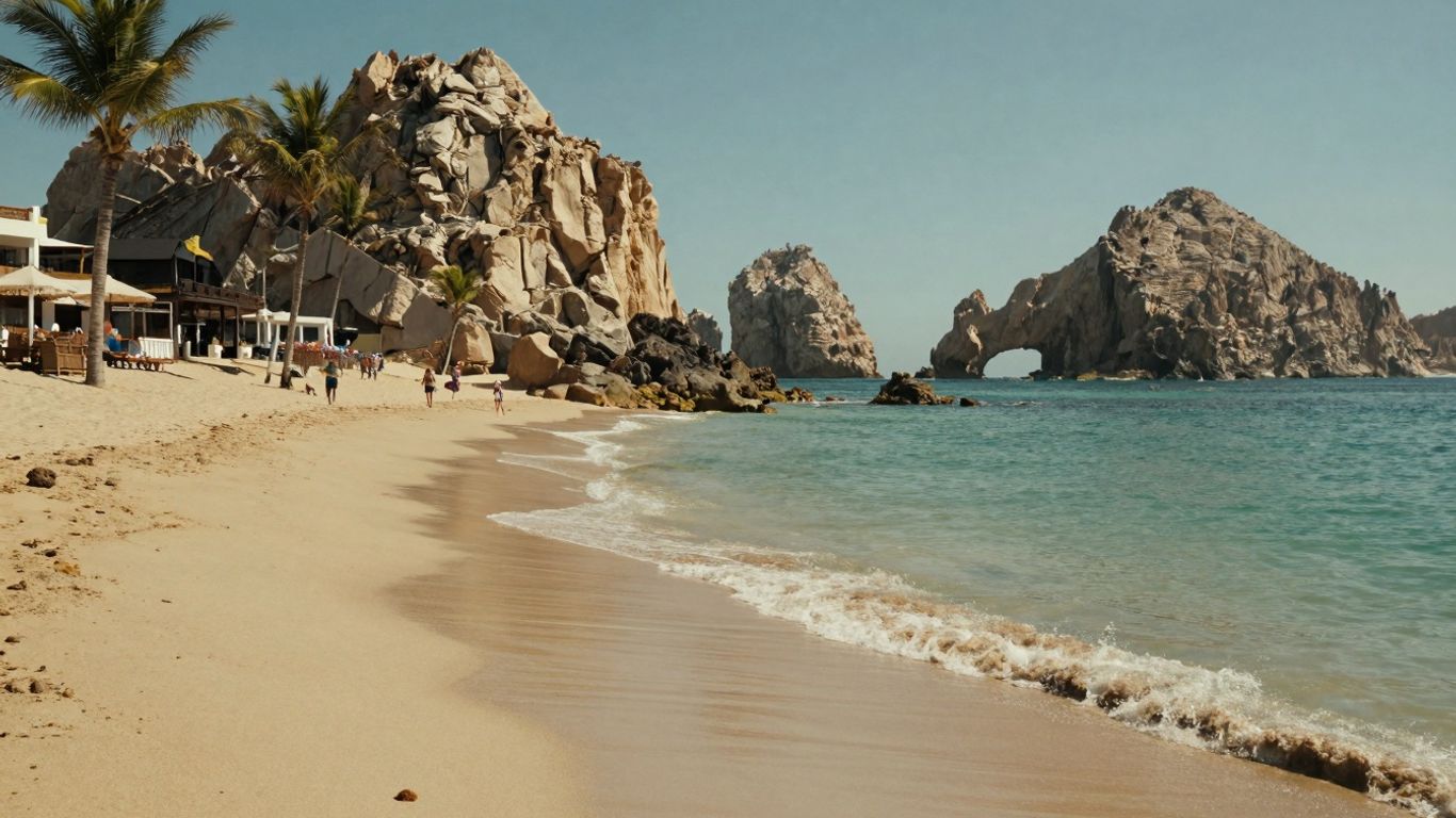 Beautiful beach with palm trees and ocean rocks.