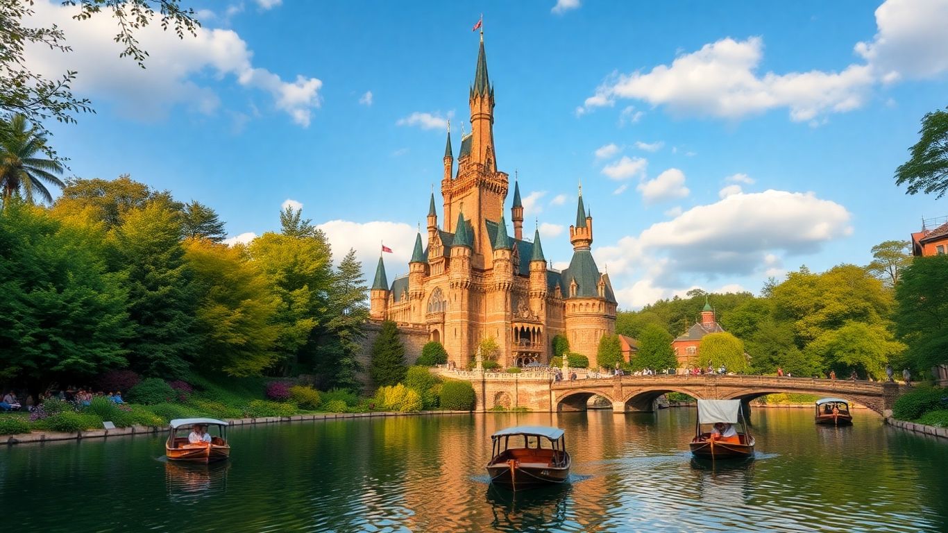 Zamek w parku rozrywki Efteling z wodą i łódkami.