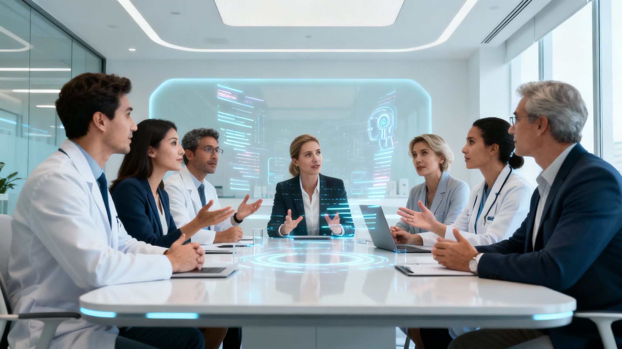 Clinic owners discussing AI marketing strategies in a modern meeting room.