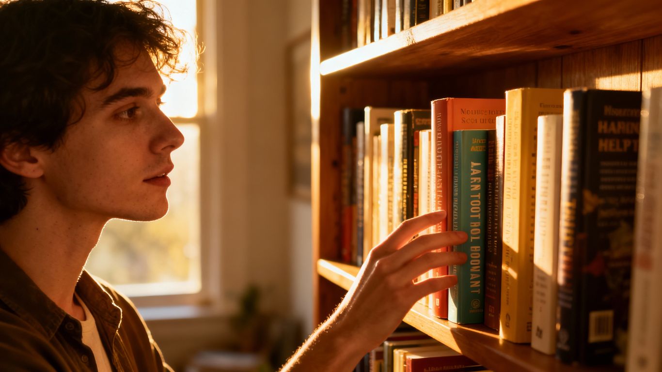 Person choosing a self-help book from a shelf.