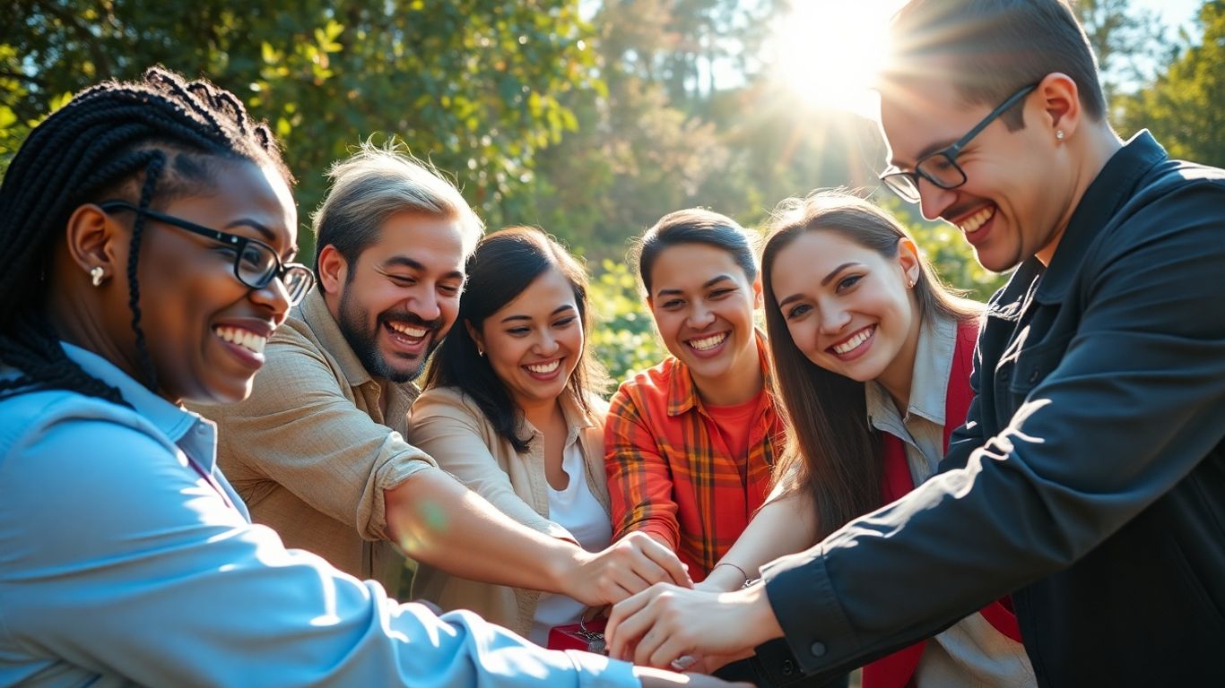 Team building activity in nature, professionals collaborating and smiling.