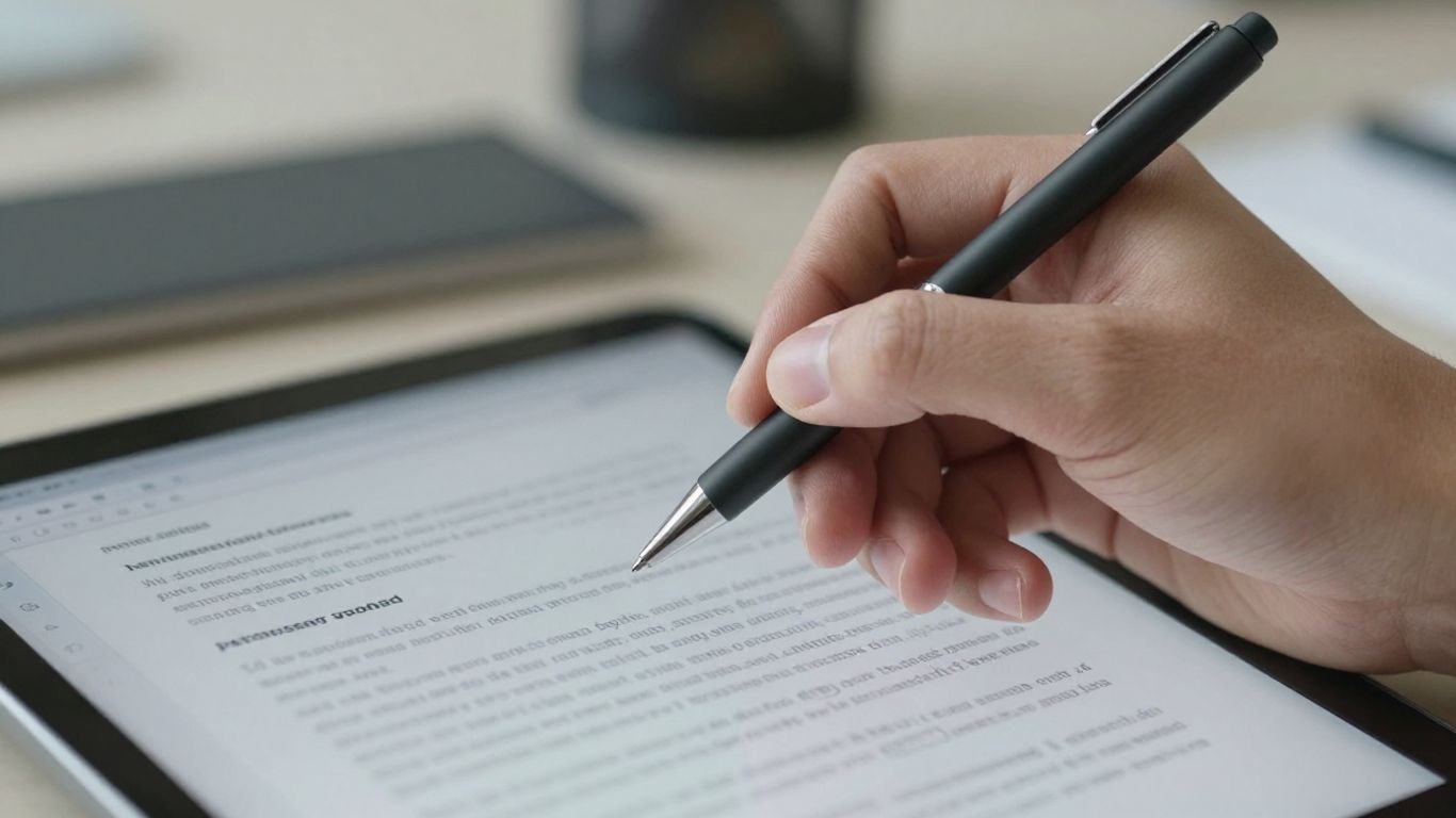 Main de personne signant un document sur une tablette.