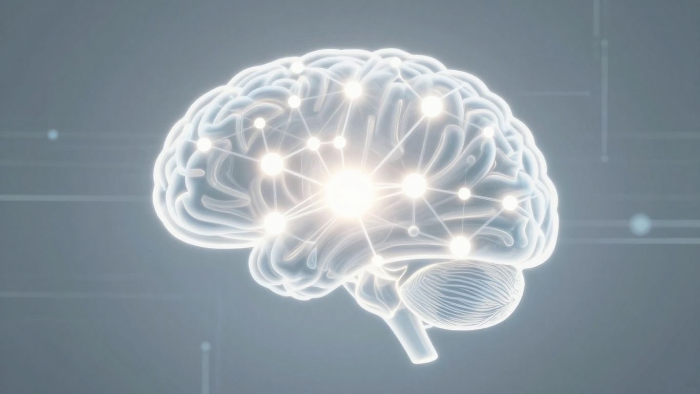 Cerveau IA stylisé avec des connexions lumineuses et des motifs géométriques.