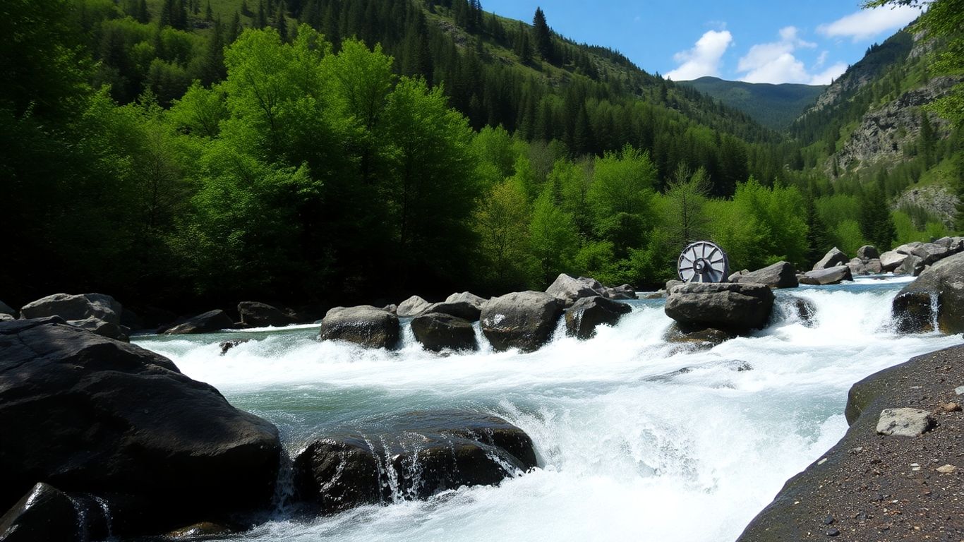 Microhidrocentrală pe un râu montan, înconjurată de natură.