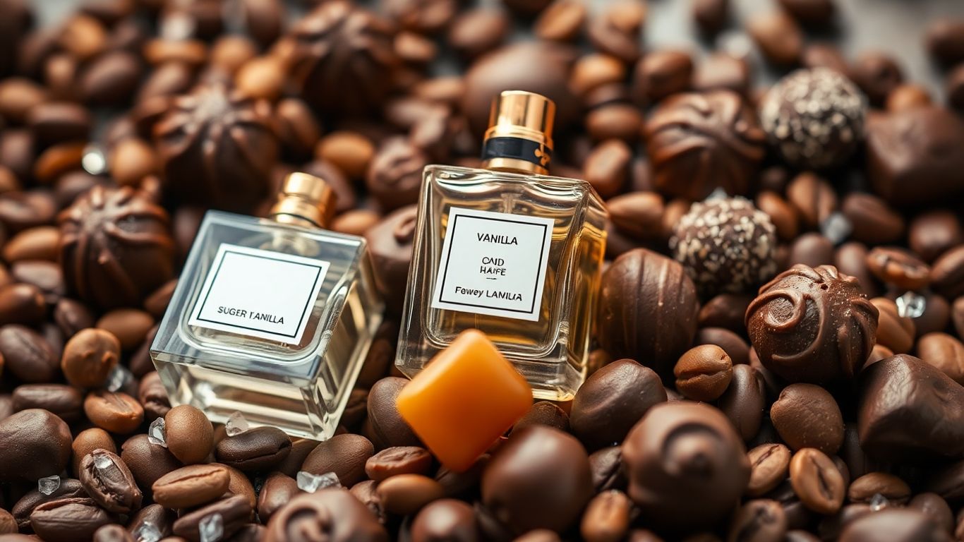 Perfume bottle with chocolates, vanilla beans, and caramel.