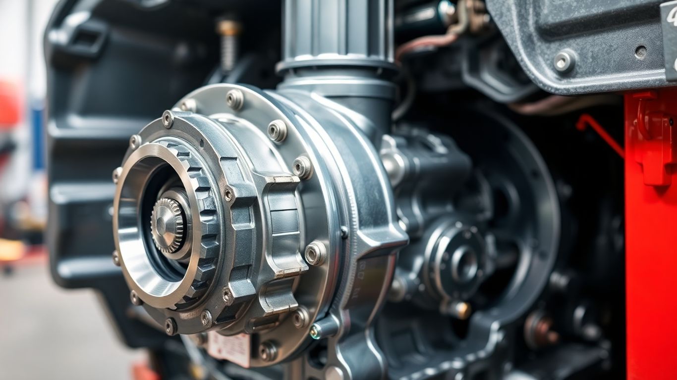 Vehicle gearbox and transmission assembly in a workshop.