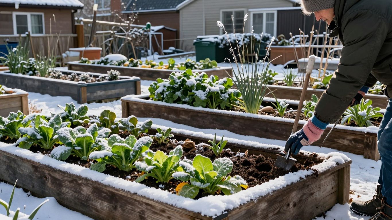 Winterlicher Stadtgarten mit frostigen Pflanzen und Gärtner.