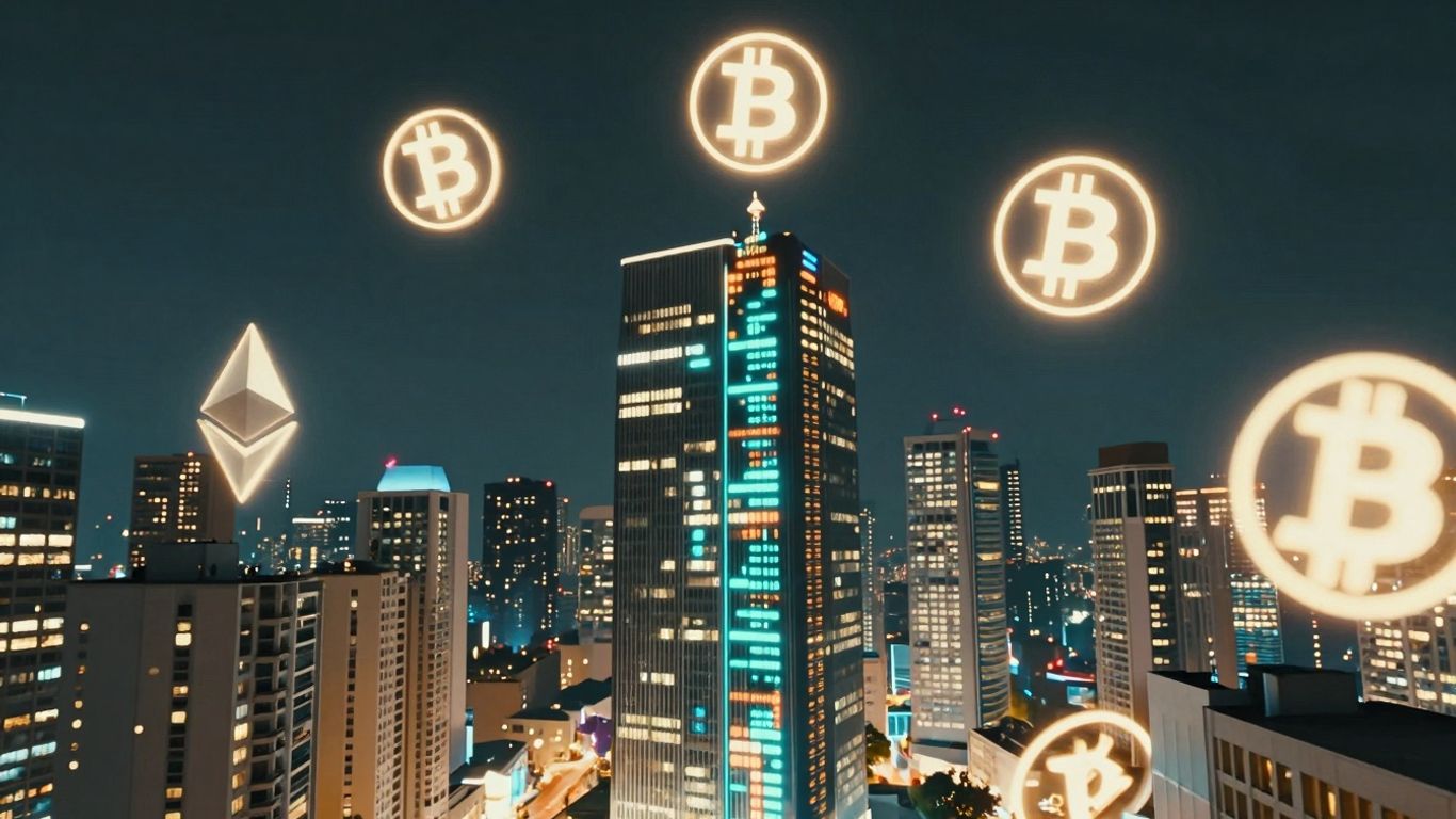 Digital cityscape with cryptocurrency symbols and news ticker effect.