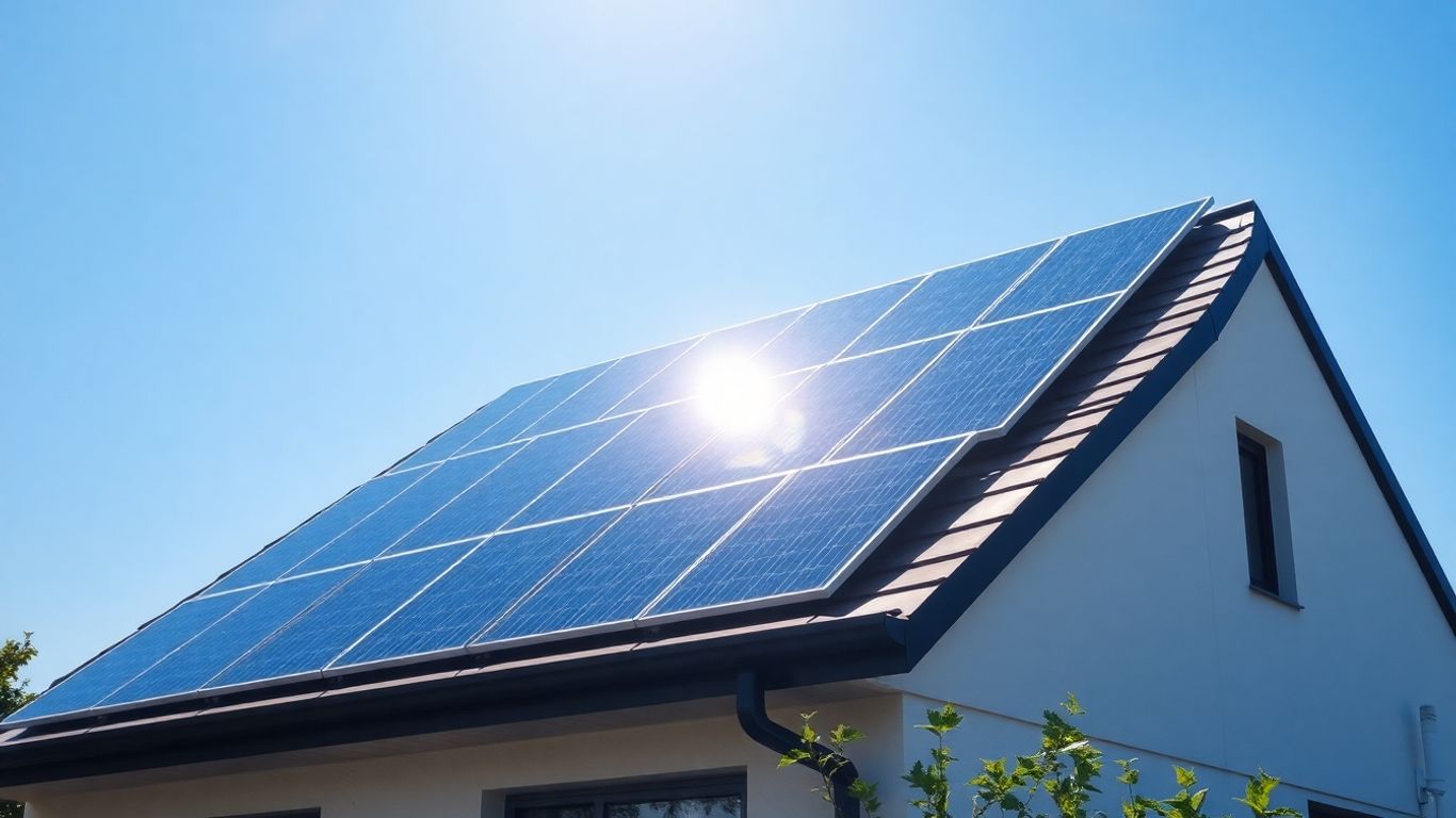 Maison avec panneaux solaires sous un soleil éclatant.