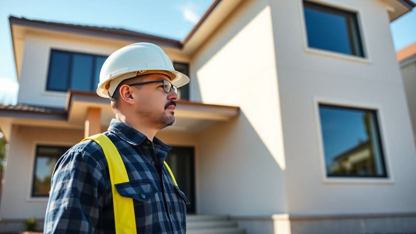 Contractor inspecting new house exterior