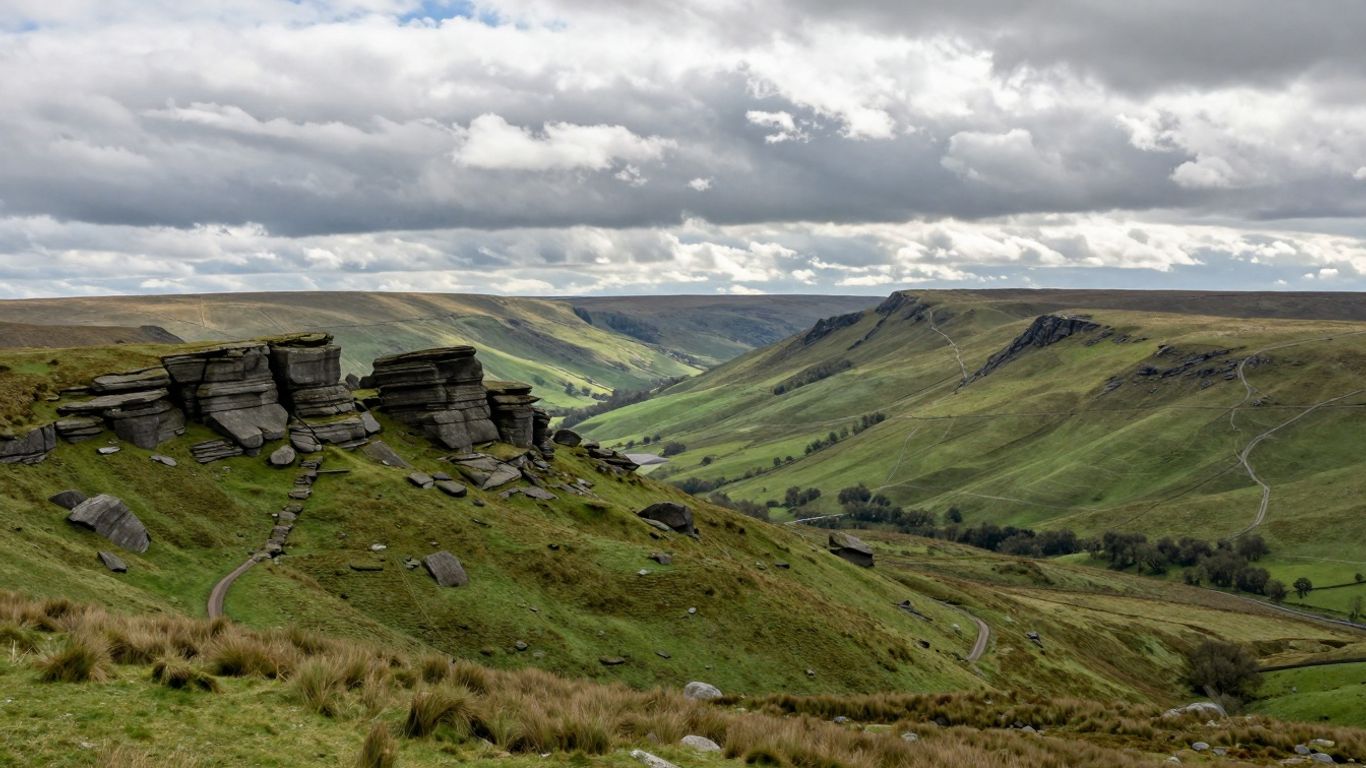 Peak District rolling hills and rock formations