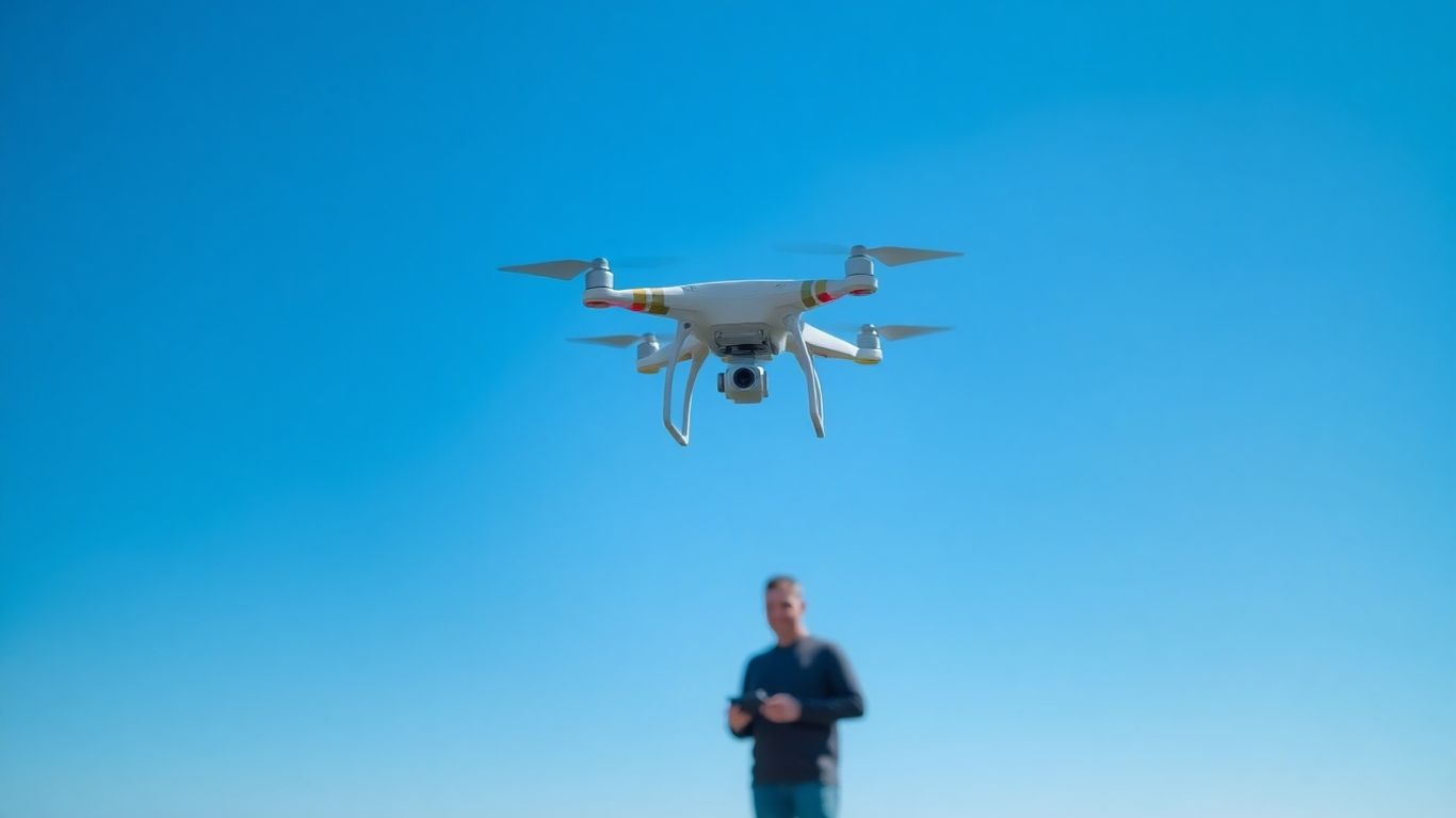 Drone and pilot with remote control in a field.
