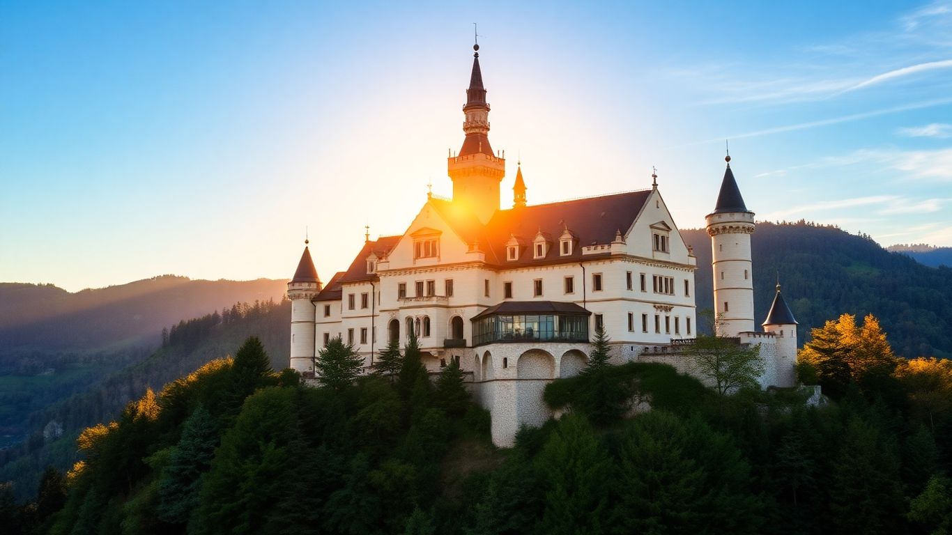 Märchenschloss in Bayern mit grünen Hügeln und blauem Himmel.