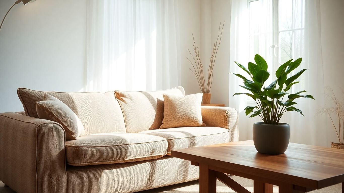 Mobilier eco-friendly într-o locuință modernă, cu plante verzi.
