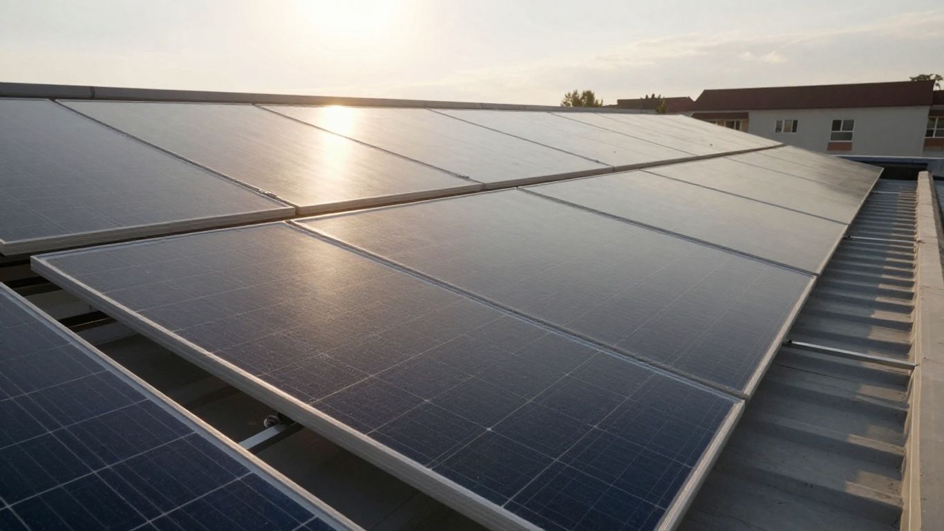 Paneles solares en un tejado bajo el sol.