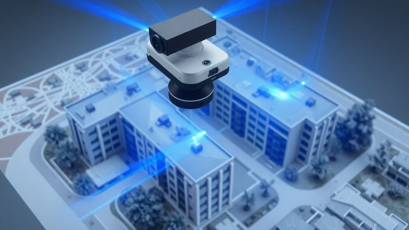 Laser scanner mapping a 3D model of multi-family housing.