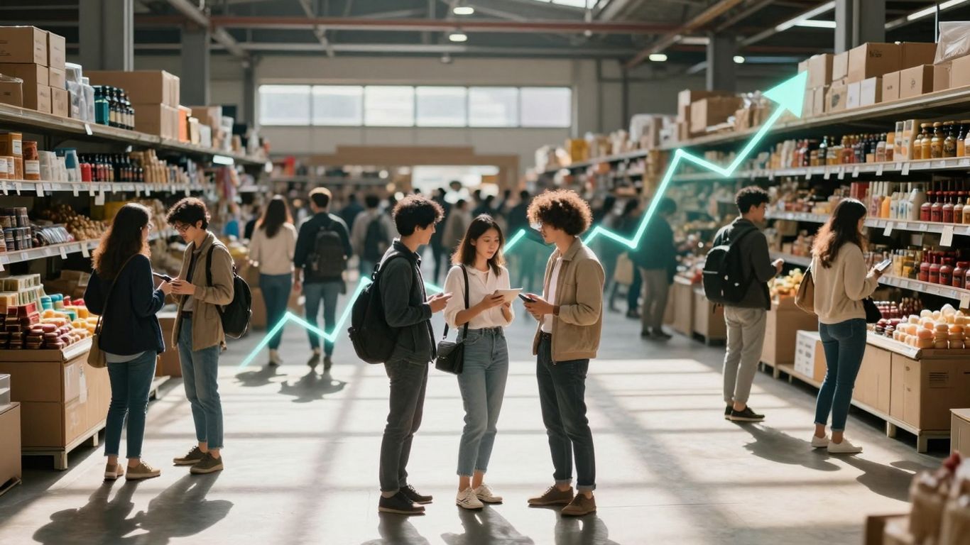 Oameni într-o piață globală aglomerată, cu bunuri pe rafturi.