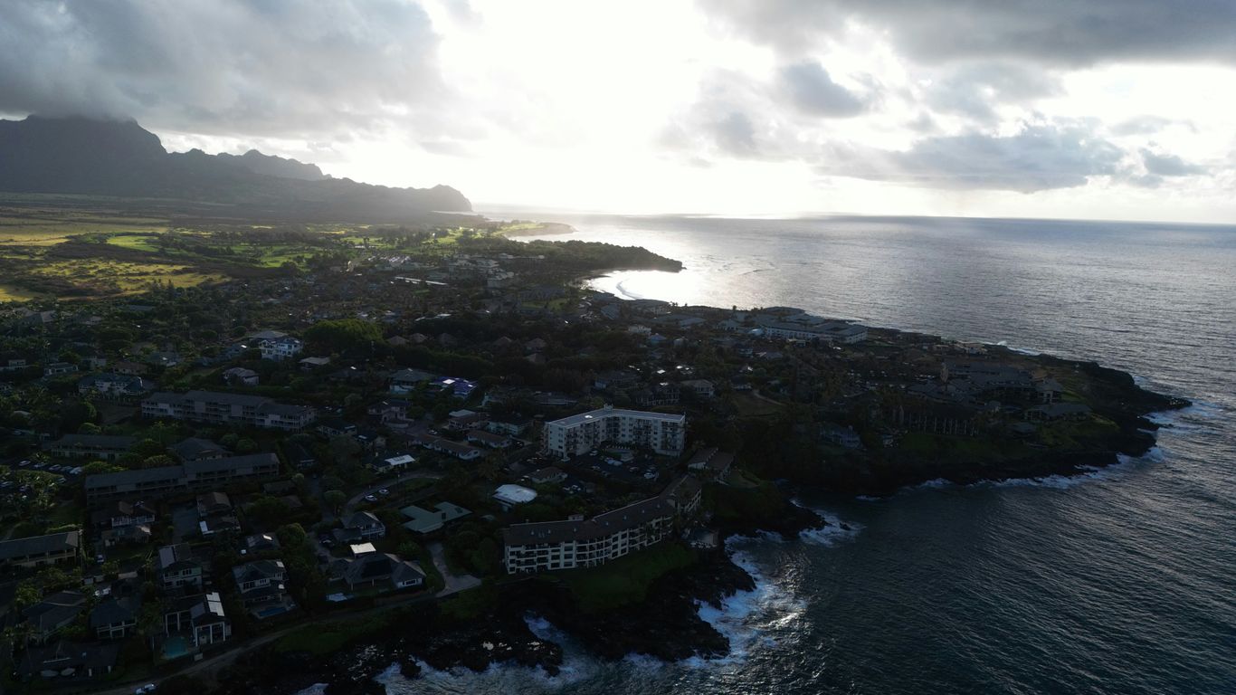 A bird's eye view of a small town by the ocean