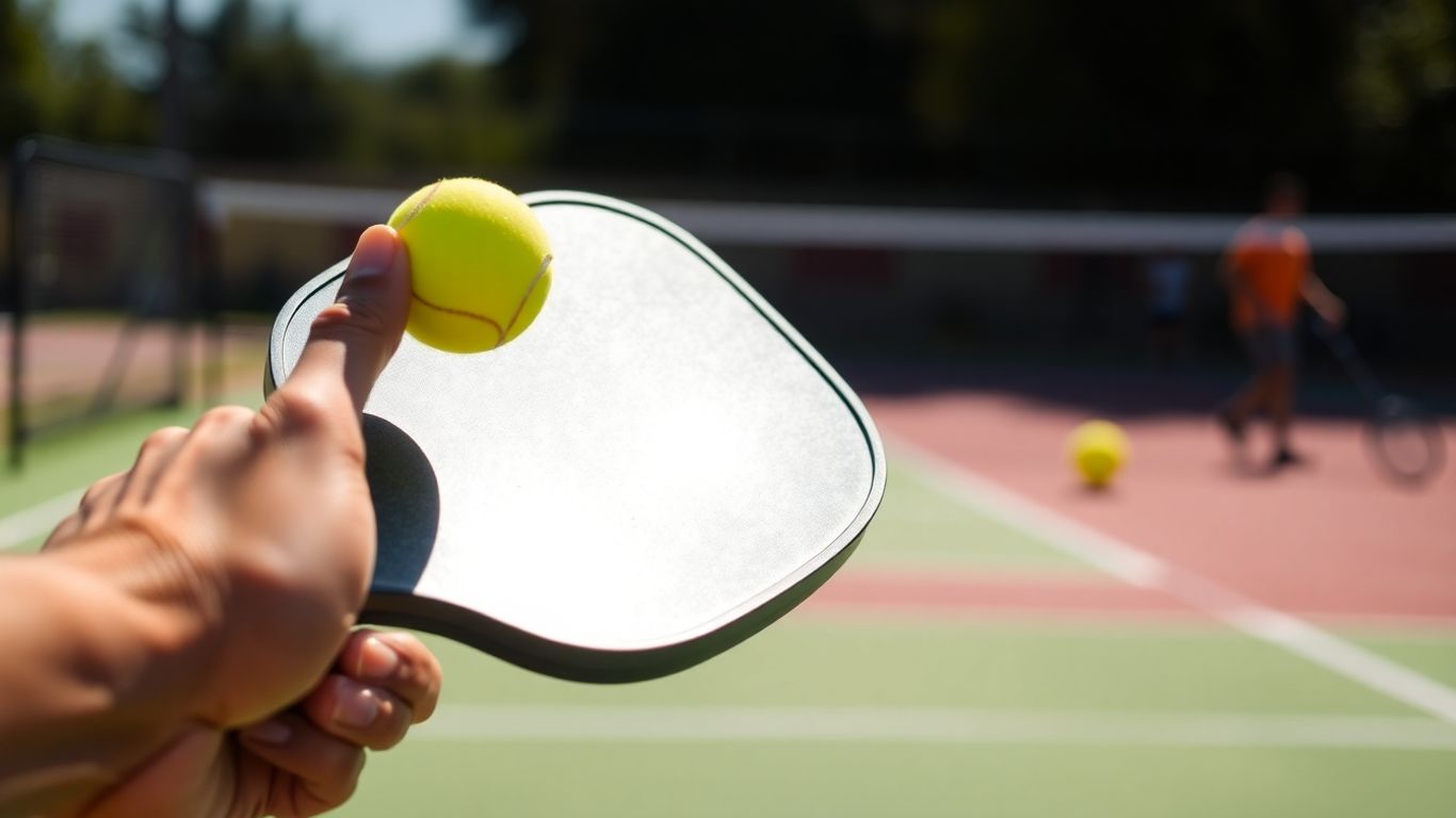 Pickleball paddle and ball on court.