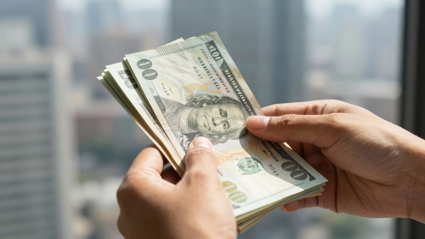 Hands holding money with cityscape background.