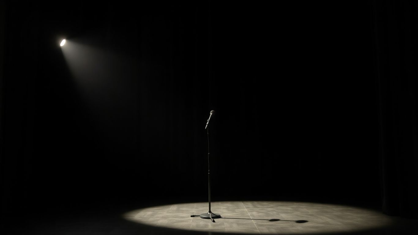 Empty stage with microphone stand and velvet curtain.