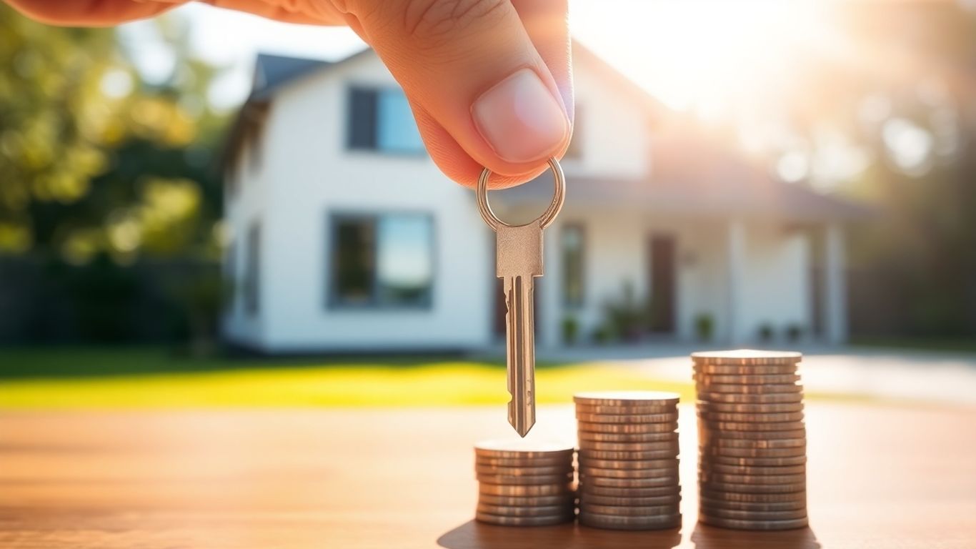 Hand holding key with house and coins background.