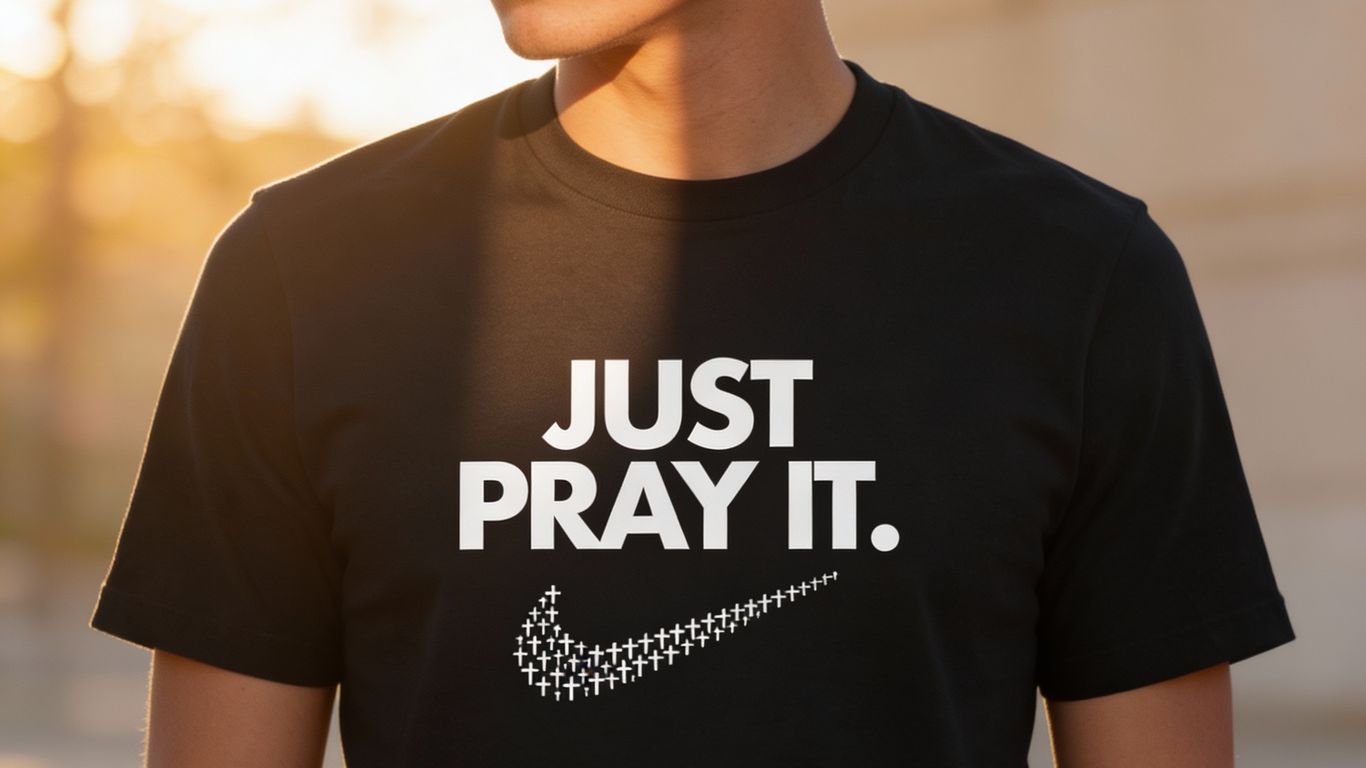 Person wearing black shirt with 'Just Pray It' slogan outdoors.