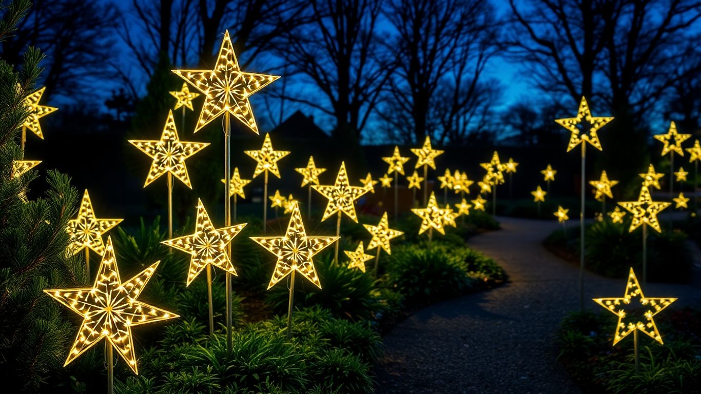 Garden lit with glowing outdoor Christmas star lights.