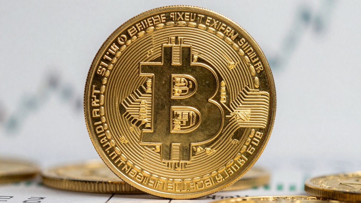 Golden Bitcoin coin against a blurred financial background.