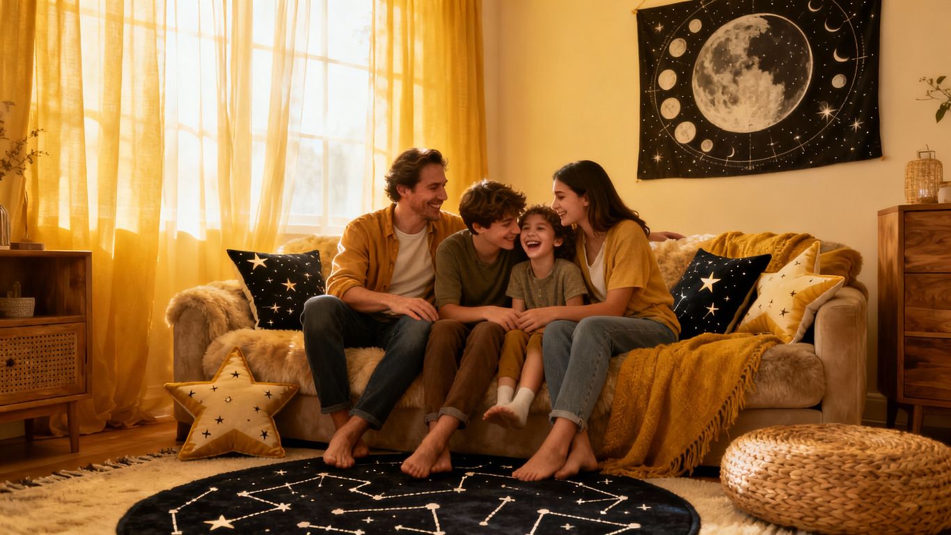 Family connecting in a cozy home with subtle celestial hints.