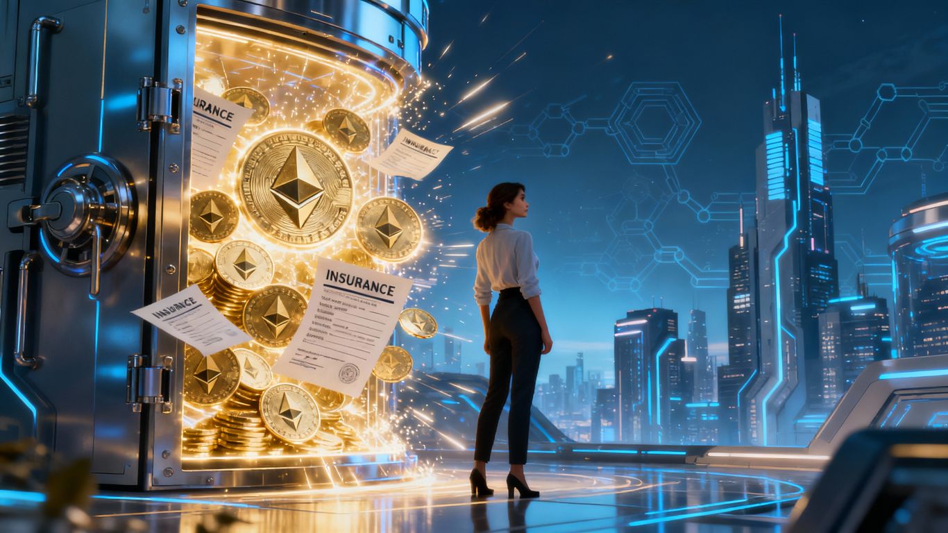 Female entrepreneur with Ethereum coins and insurance vault