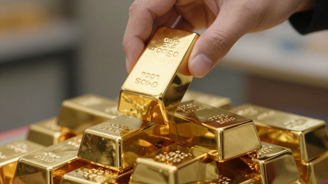 一只金手将一根金条放入一堆金条中。