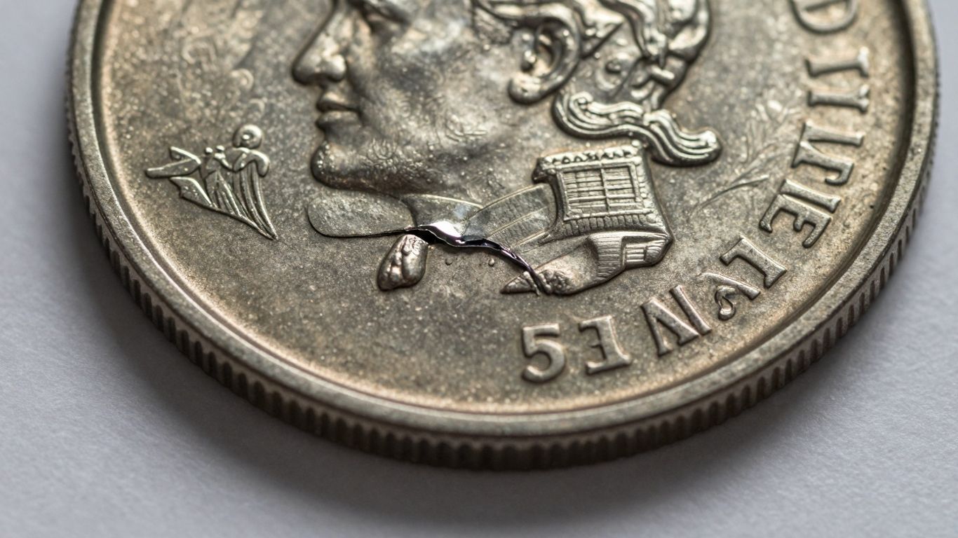 Coin with a planchet error, showing a flaw before striking.
