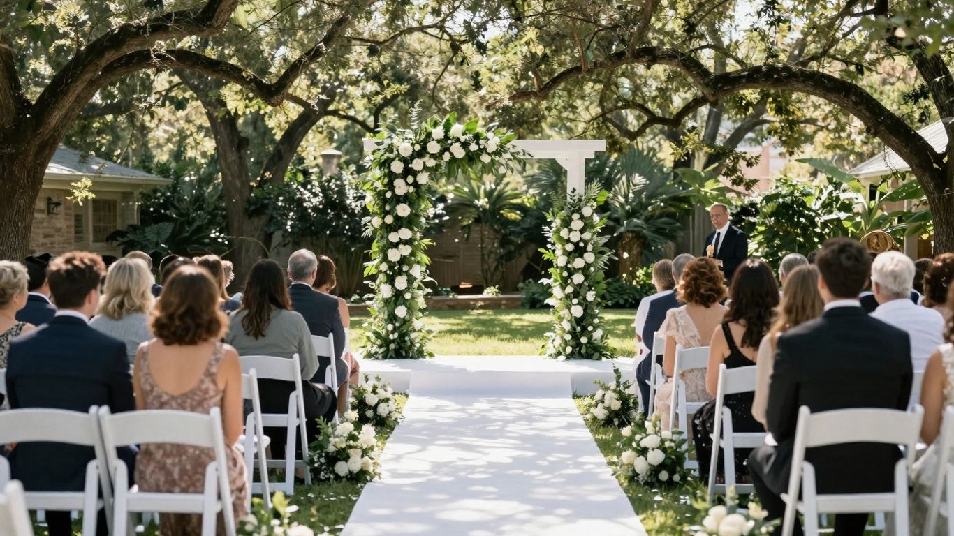 Intimate Dallas wedding venue with floral arch and chairs.
