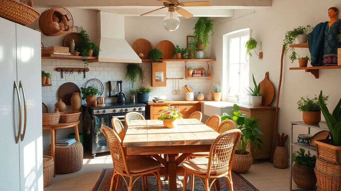 Cozinha boho com móveis rústicos e plantas.