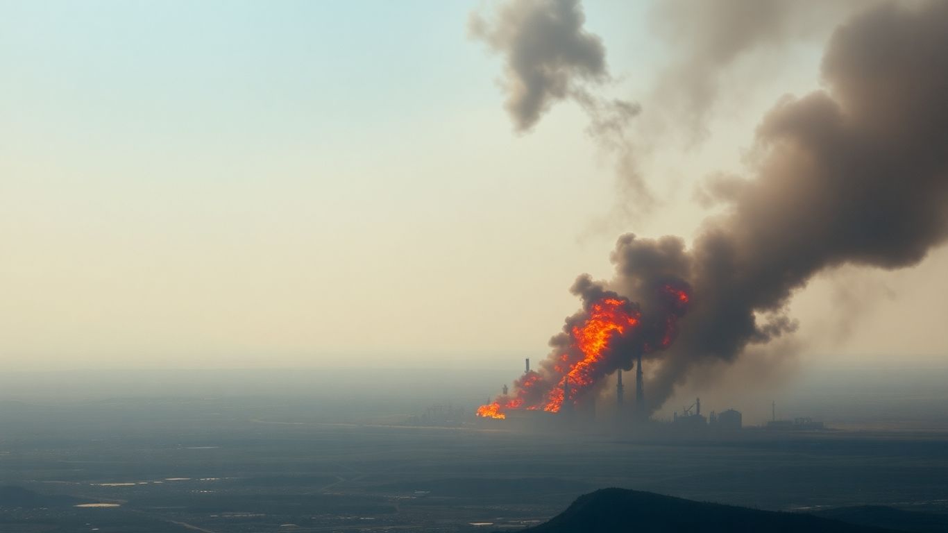 Burning oil refinery with smoke plumes over distant city.