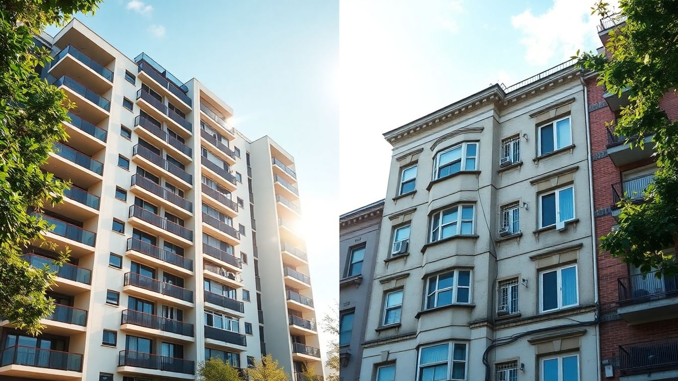 Apartamente noi versus vechi, clădiri contrastante