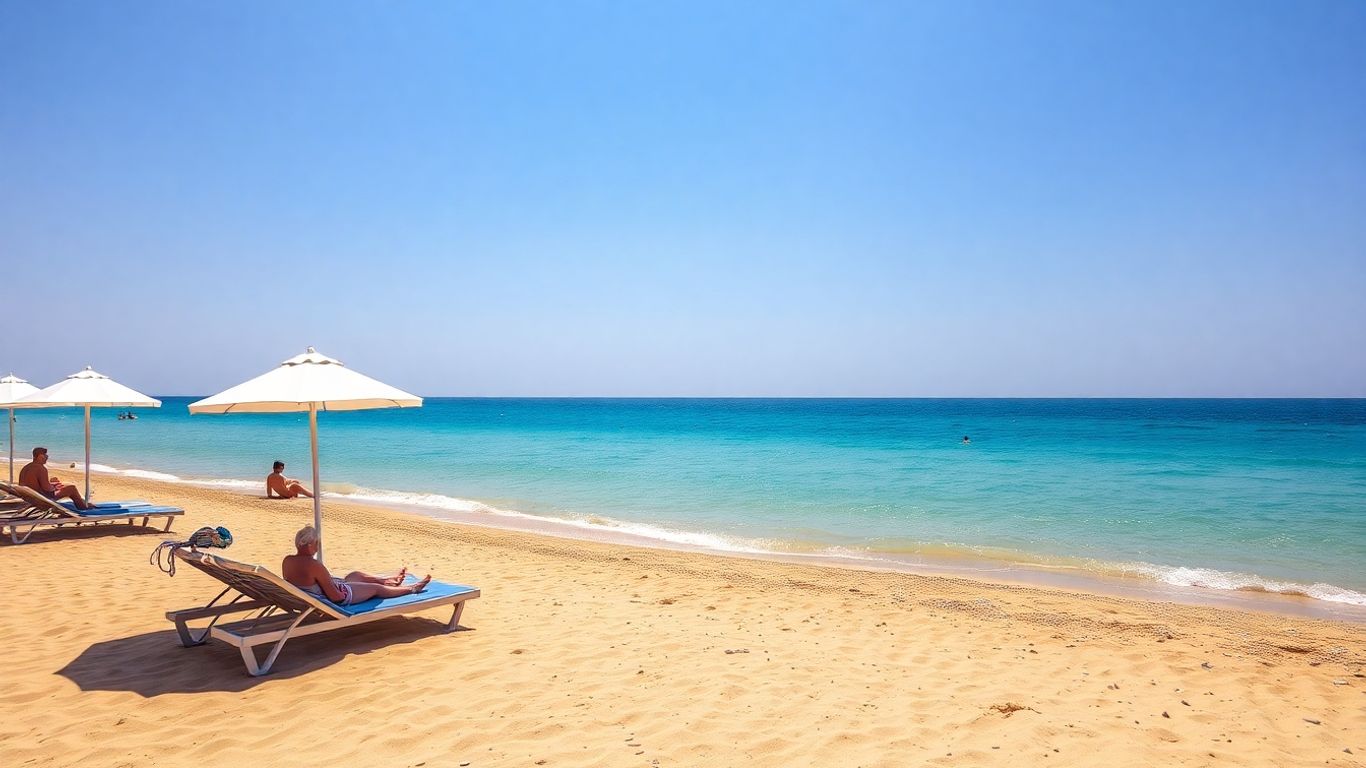 Sunny Bulgarian beach with sand, clear sea, and umbrellas