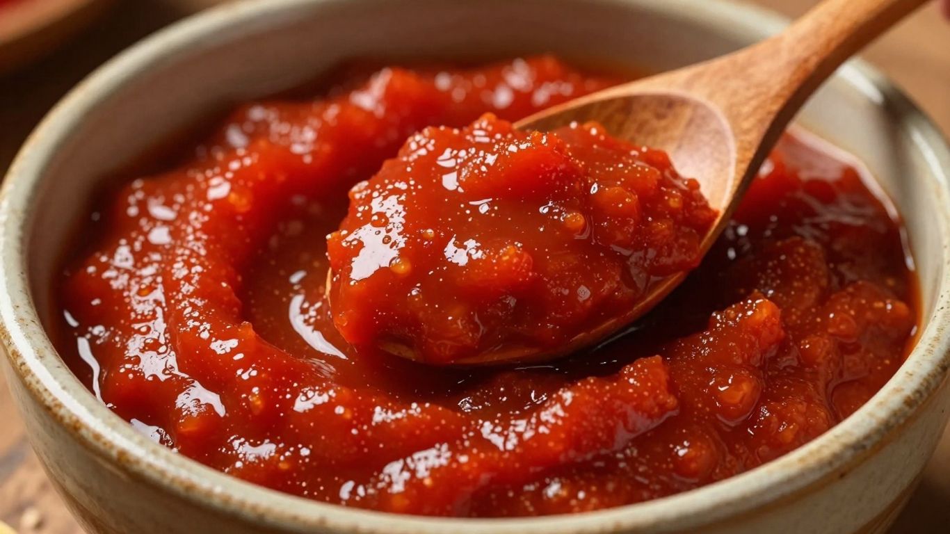 Rich tomato paste concentrate in a bowl with a spoon.