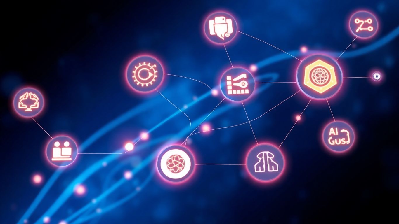 AI tools infographic with glowing icons and light trails.