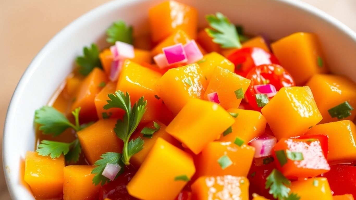 Bowl of fresh habanero mango salsa with mango and peppers.