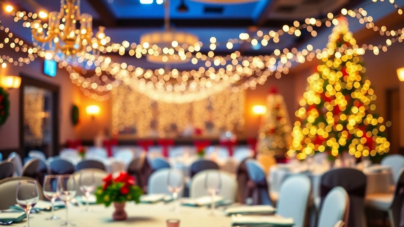 Festive Christmas party venue with lights and decorations.