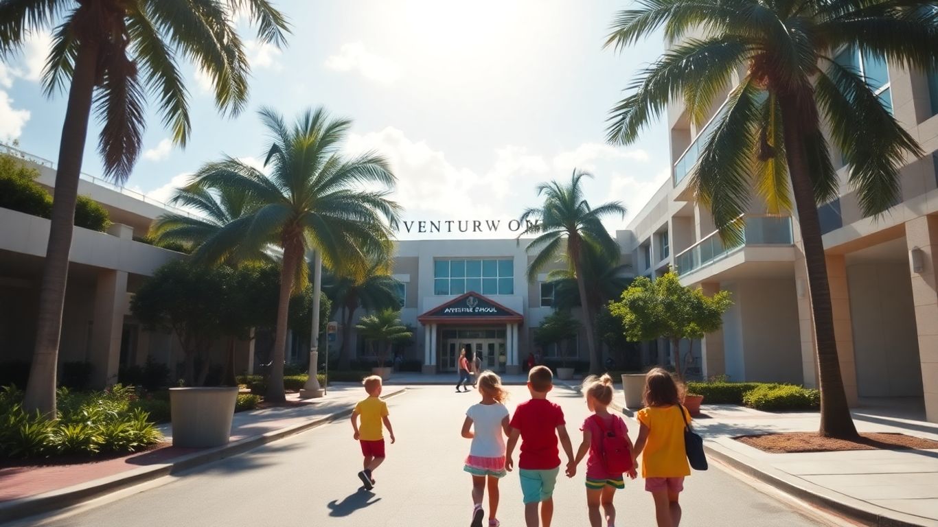 Aventura Florida school scene with children and palm trees.